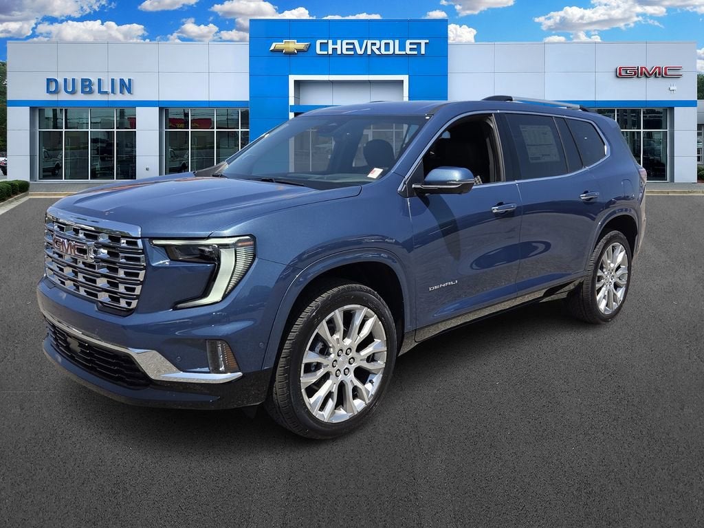 2026 GMC Acadia Denali in Downpour Metallic — front three-quarter view