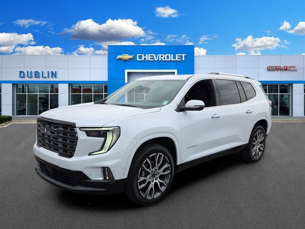 2026 GMC Acadia Denali Ultimate in Glacier White Tricoat — front three-quarter view